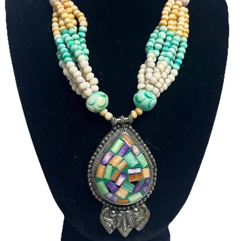 Mosaic Teardrop Pendant Western Tribal Multi Strand Beaded Necklace Silver Tone